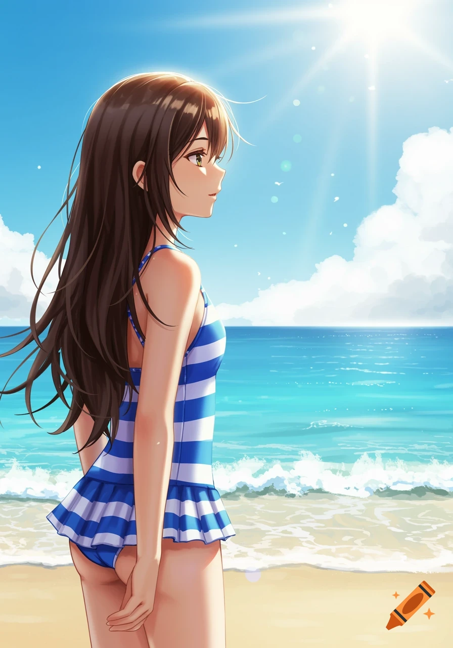 Anime illustration of a girl in a blue and white striped swimsuit standing on a beach looking at the ocean.