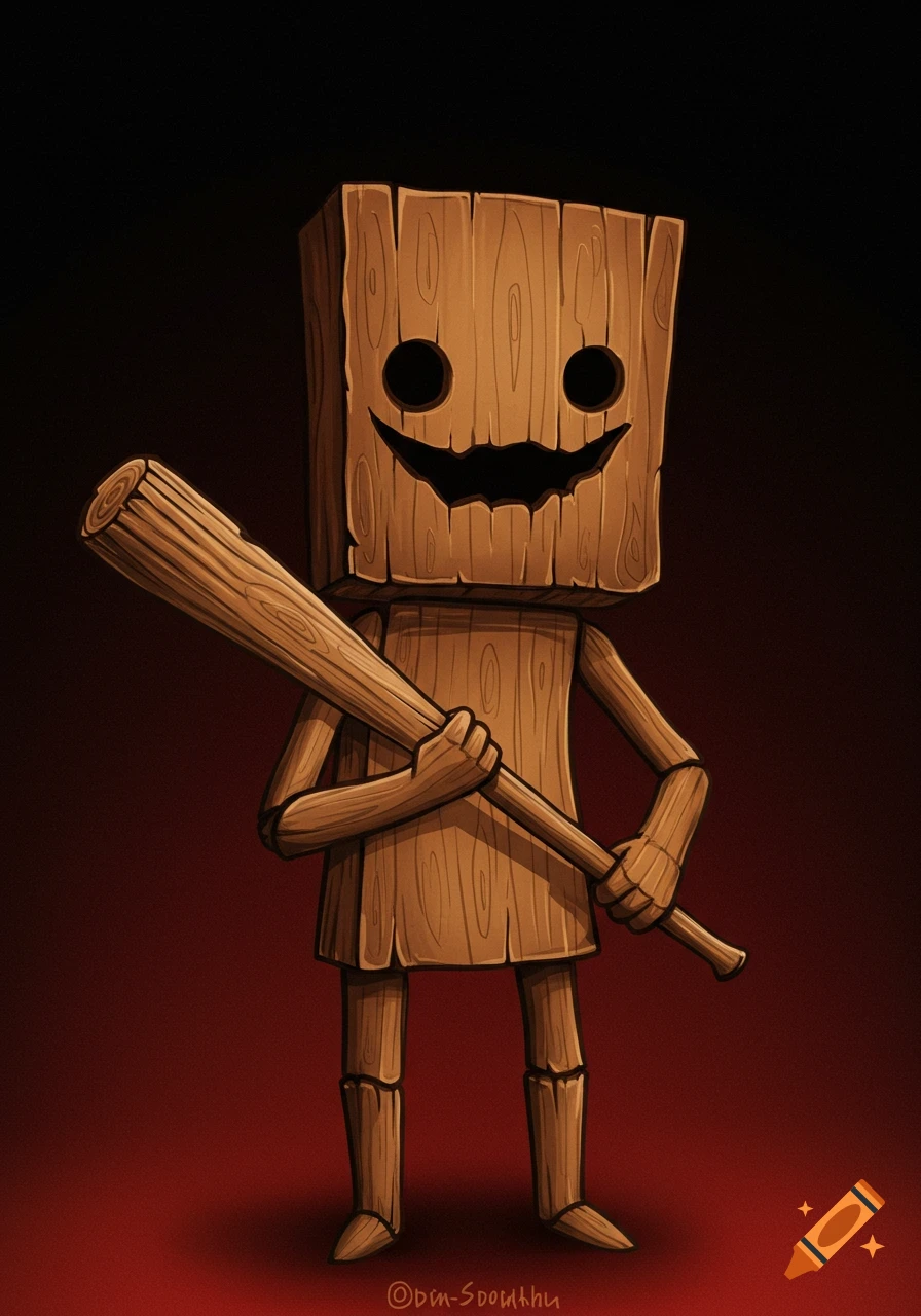 Illustration of a wooden figure with a rectangular head and creepy smile holding a baseball bat.