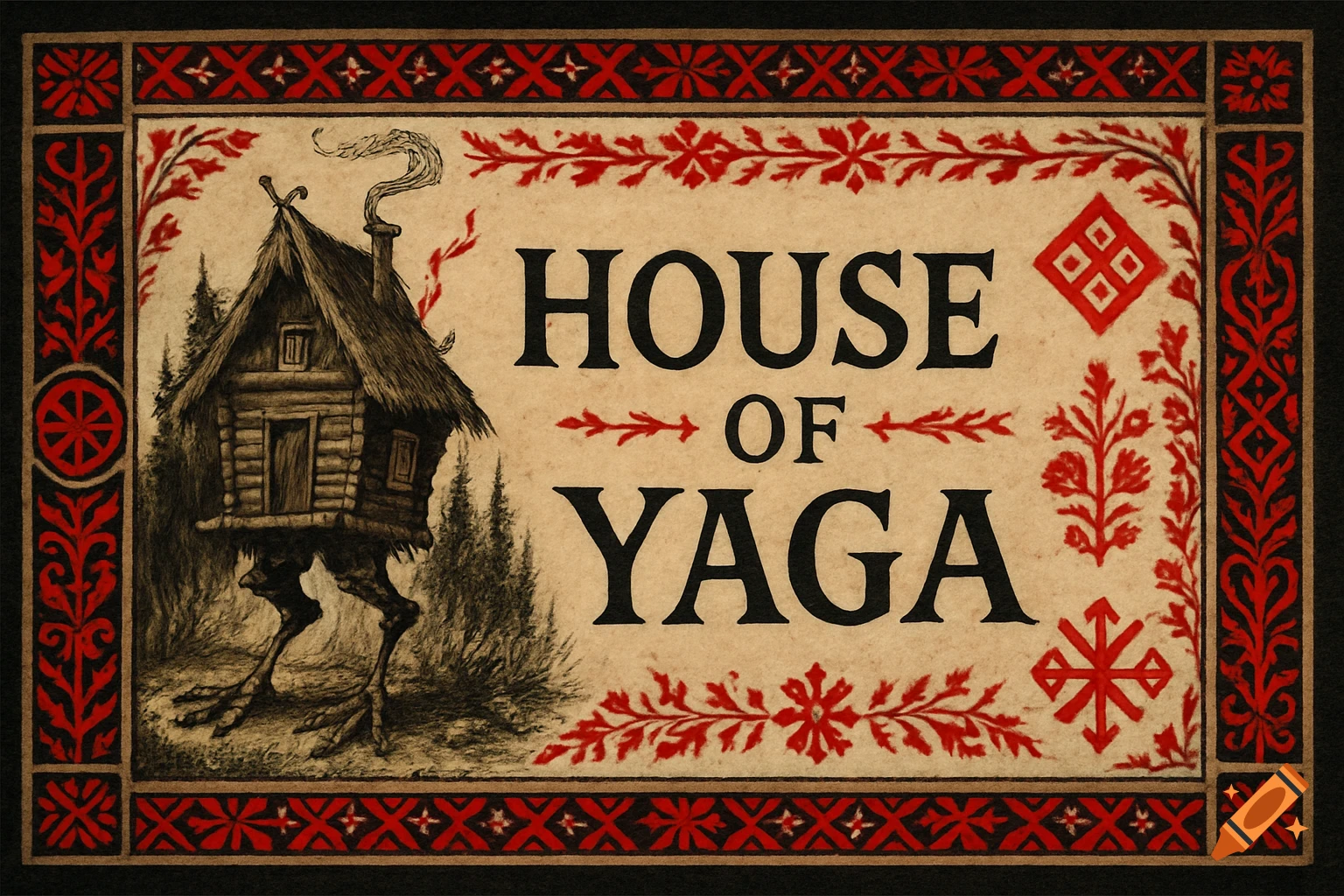 A banner illustration in slavic style with a hut on chicken legs and text "HOUSE OF YAGA" surrounded by red ornaments.