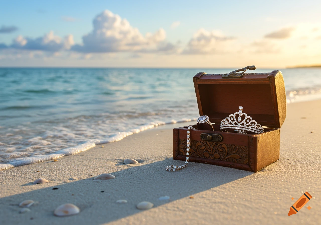 A small chest filled with a diamond ring, tiara, and bracelet sits on a sandy beach near the ocean at sunset.