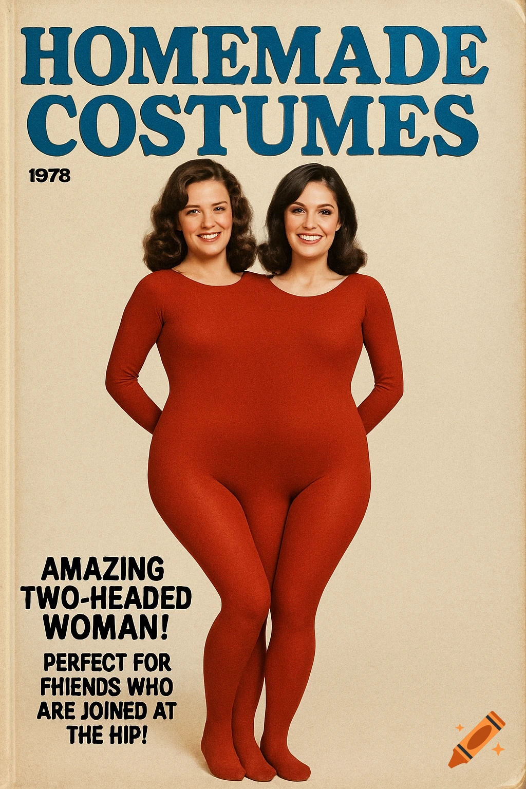 A vintage-style poster for "Homemade Costumes" featuring two women sharing a single body in a red leotard, titled "Amazing Two-Headed Woman!".