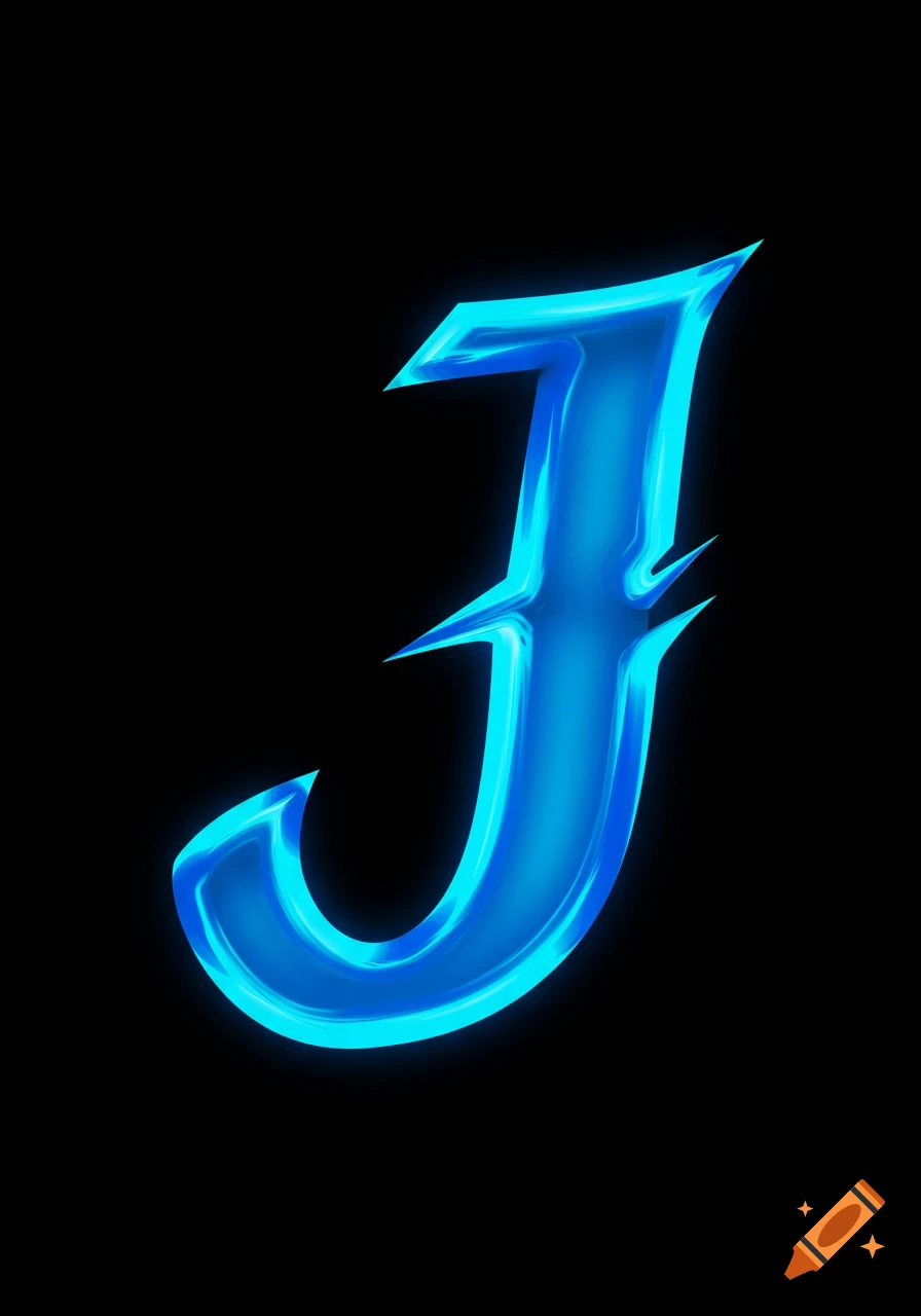 A stylized, glowing blue capital letter J on a black background.