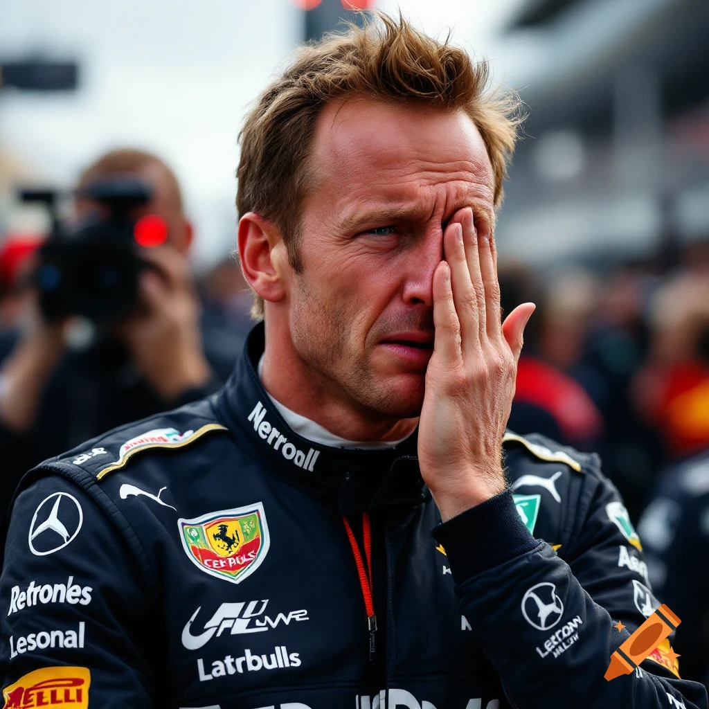 Close-up portrait of a man in a racing suit covering his face, looking upset.