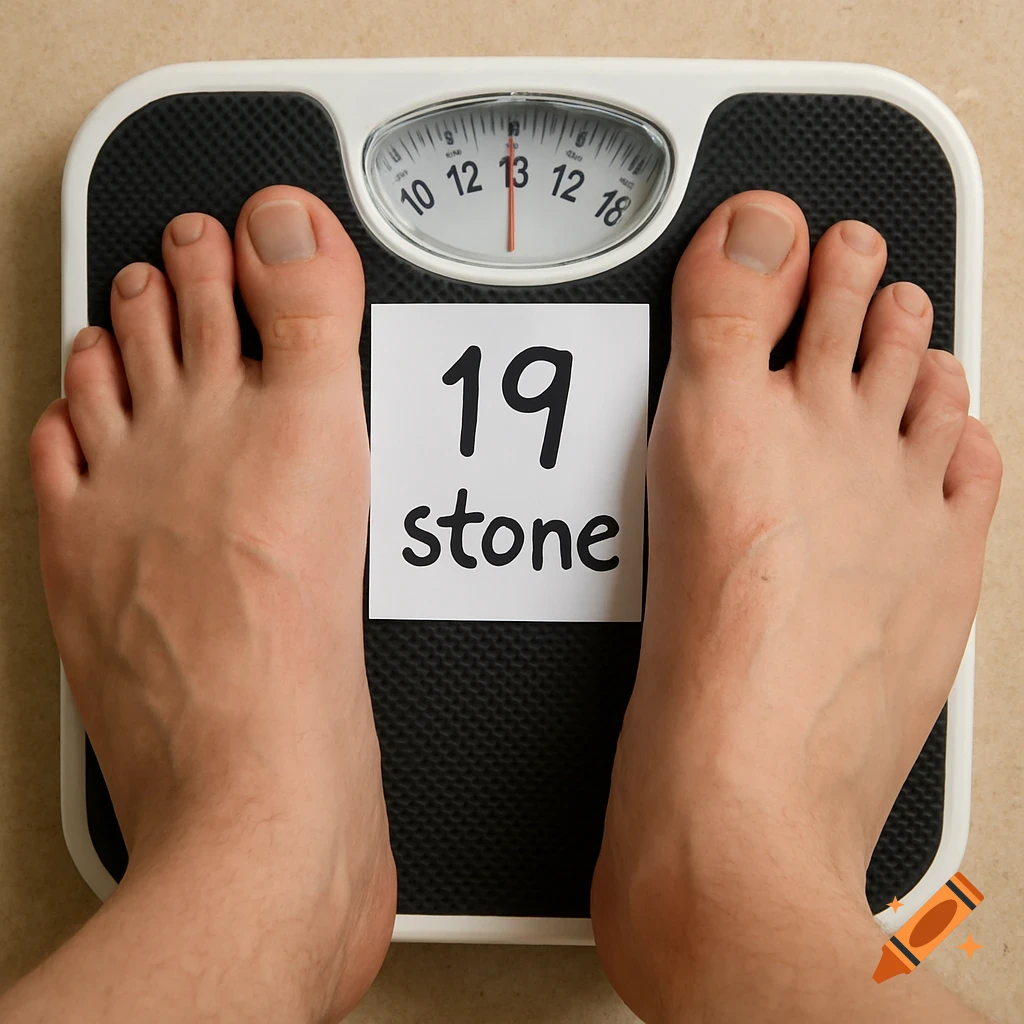 Feet standing on bathroom scales with a paper showing '19 stone'