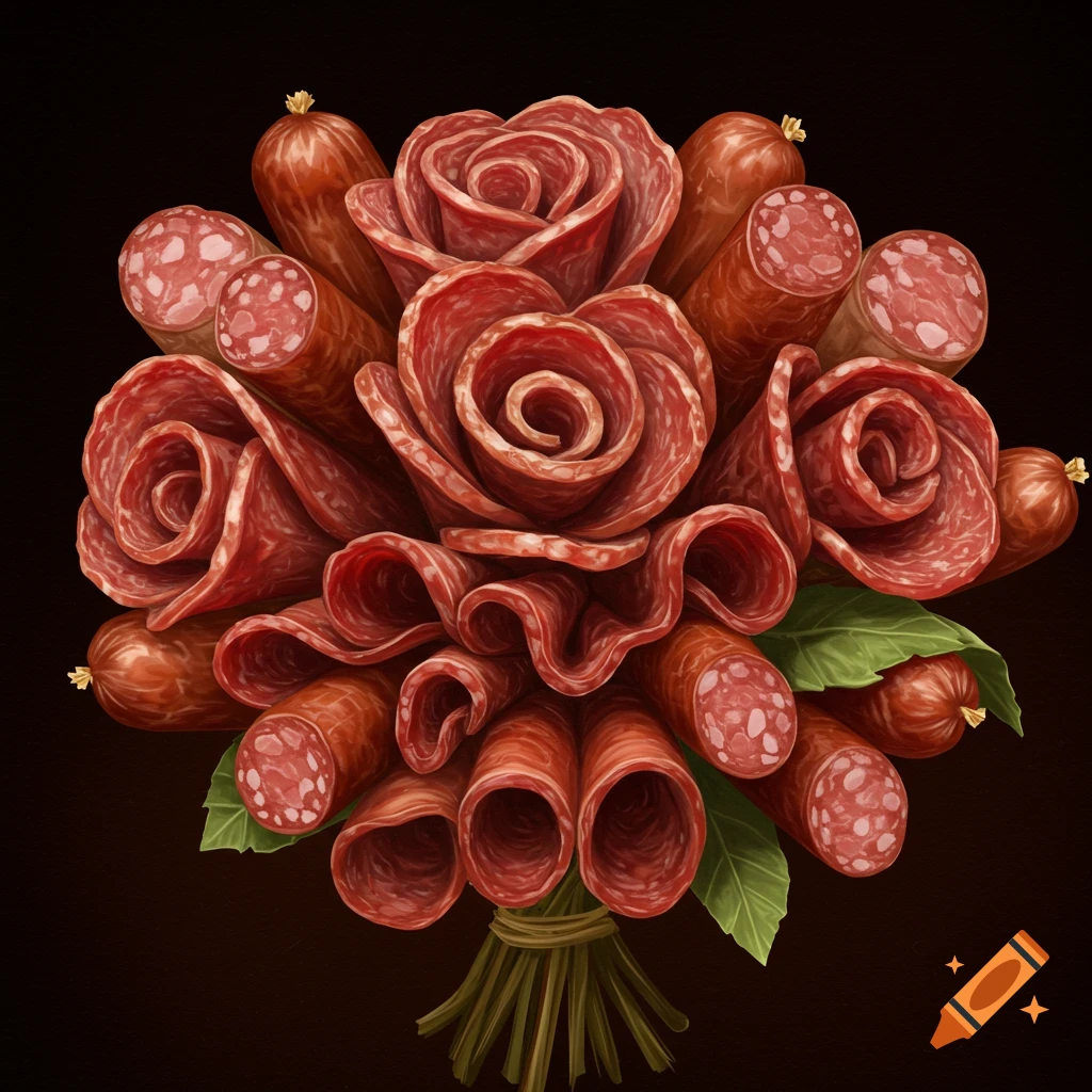 A detailed image of a bouquet made entirely of roses formed from folded salami slices and whole sausages on a dark background.