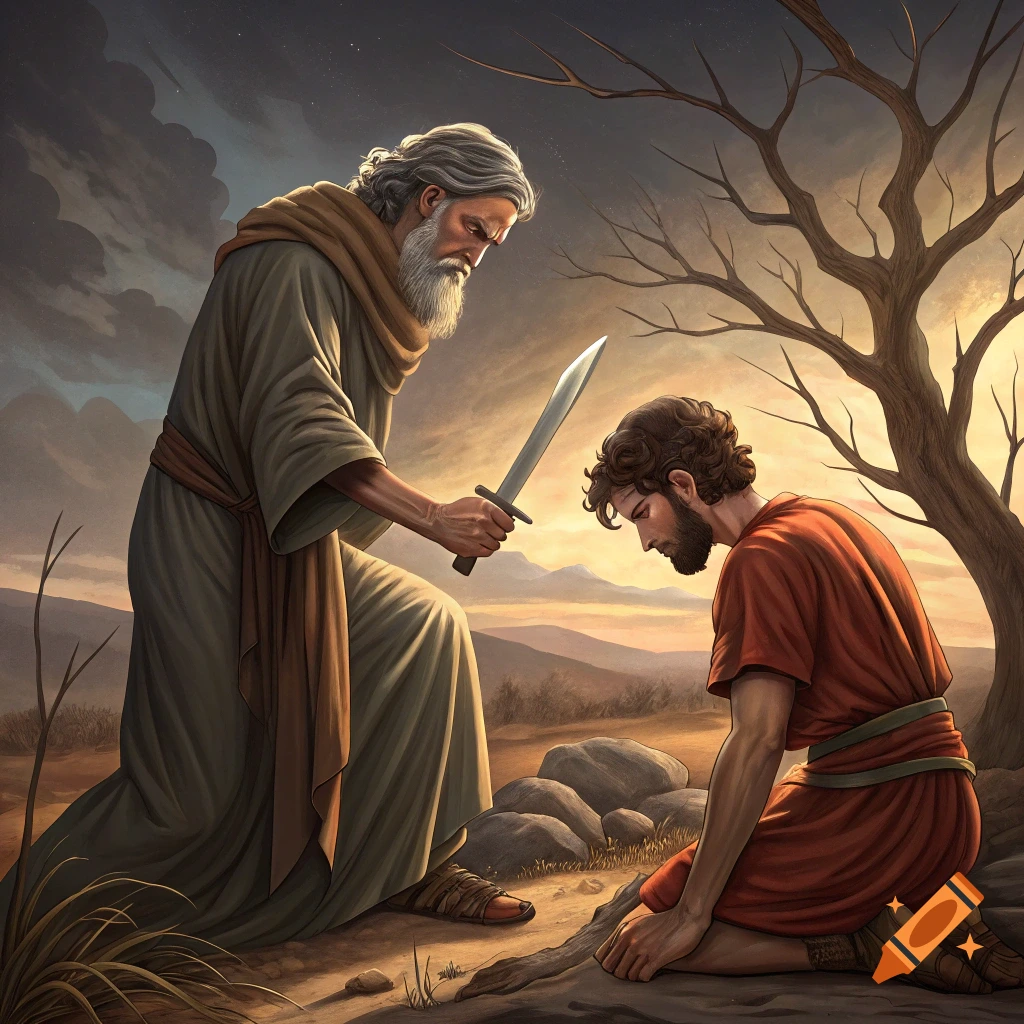 Illustration of an old man holding a knife over a young man kneeling in a desert landscape at sunset