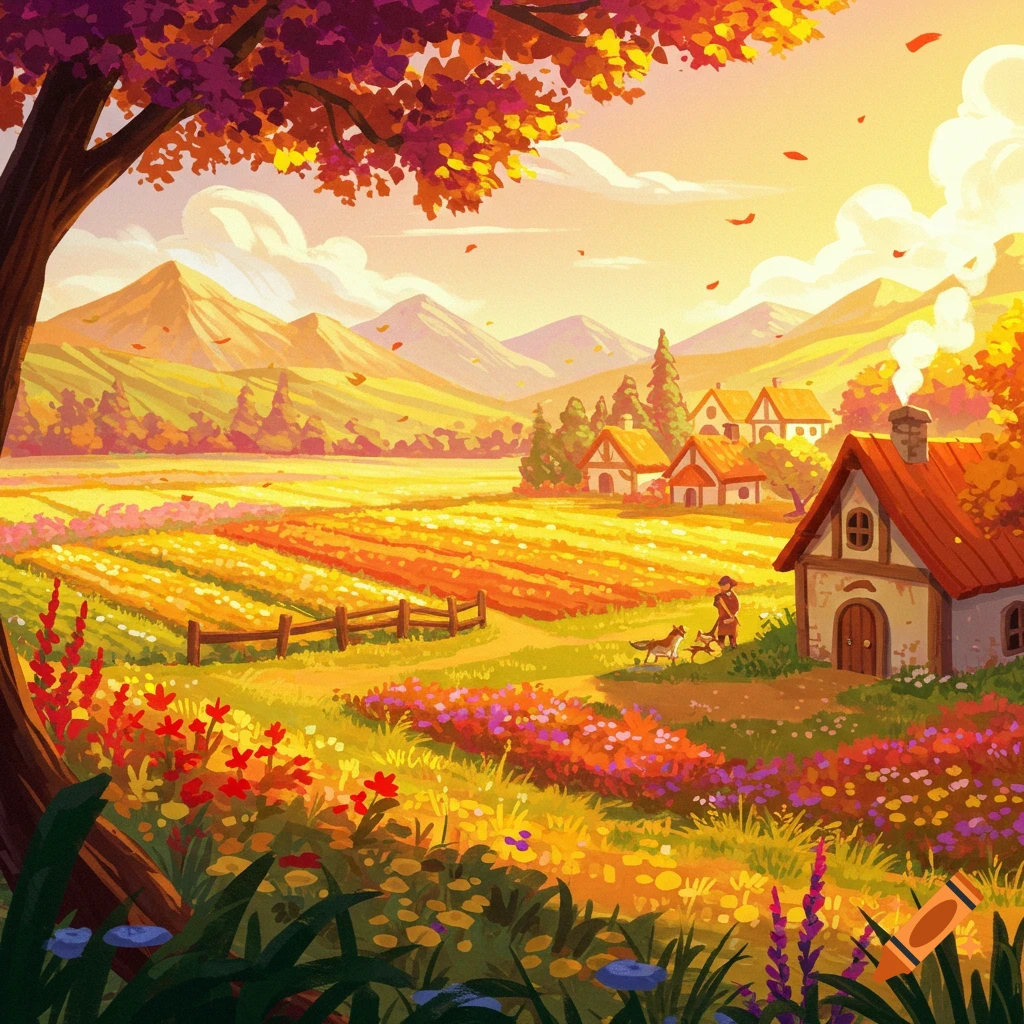 Painterly landscape of a village in autumn, with mountains, fields, and trees