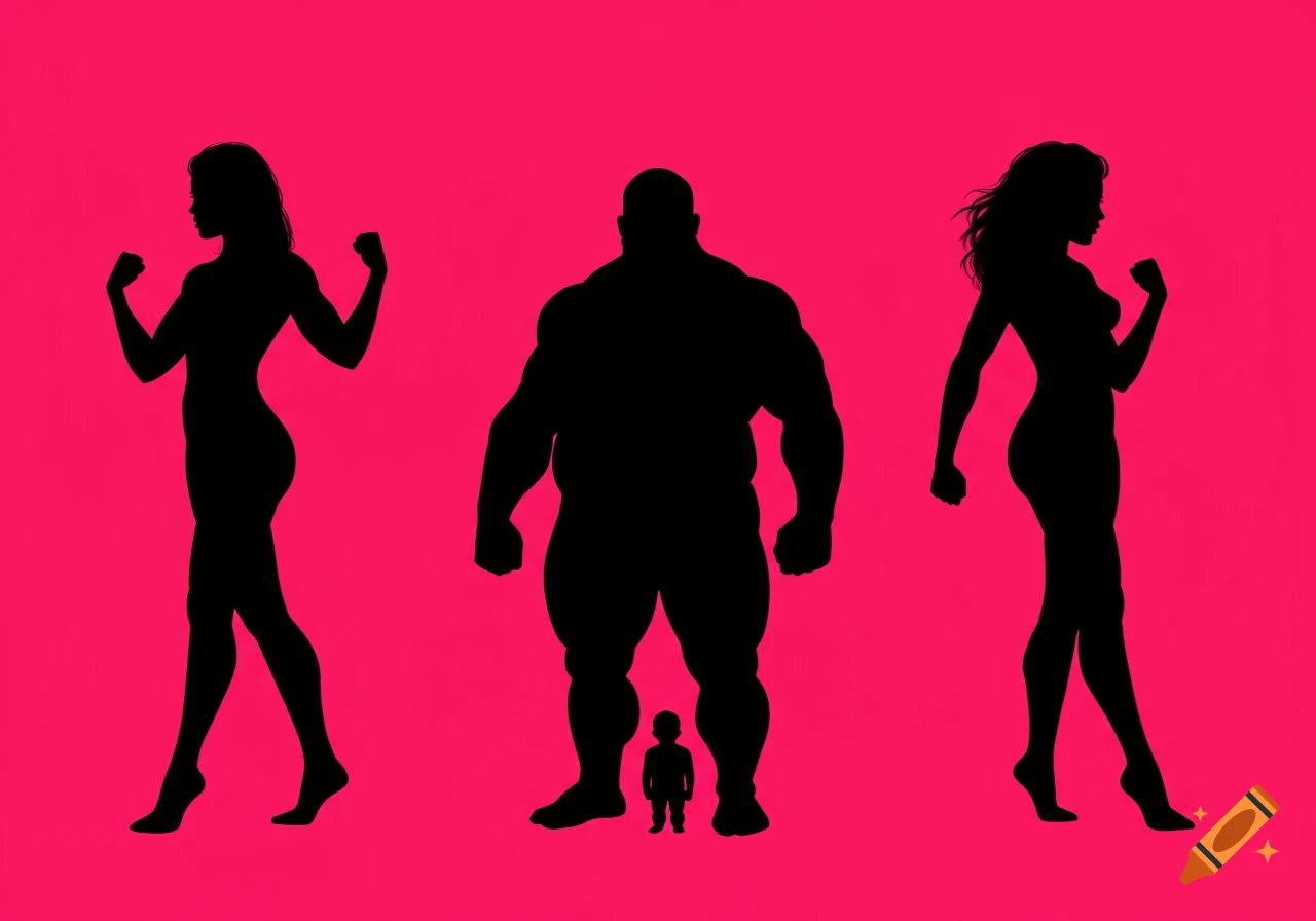Black silhouettes of two flexing women, one large muscular person, and a small person against a bright pink background.