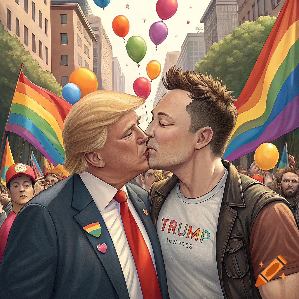 Donald Trump and Elon Musk kiss at a pride parade with rainbow flags and balloons.