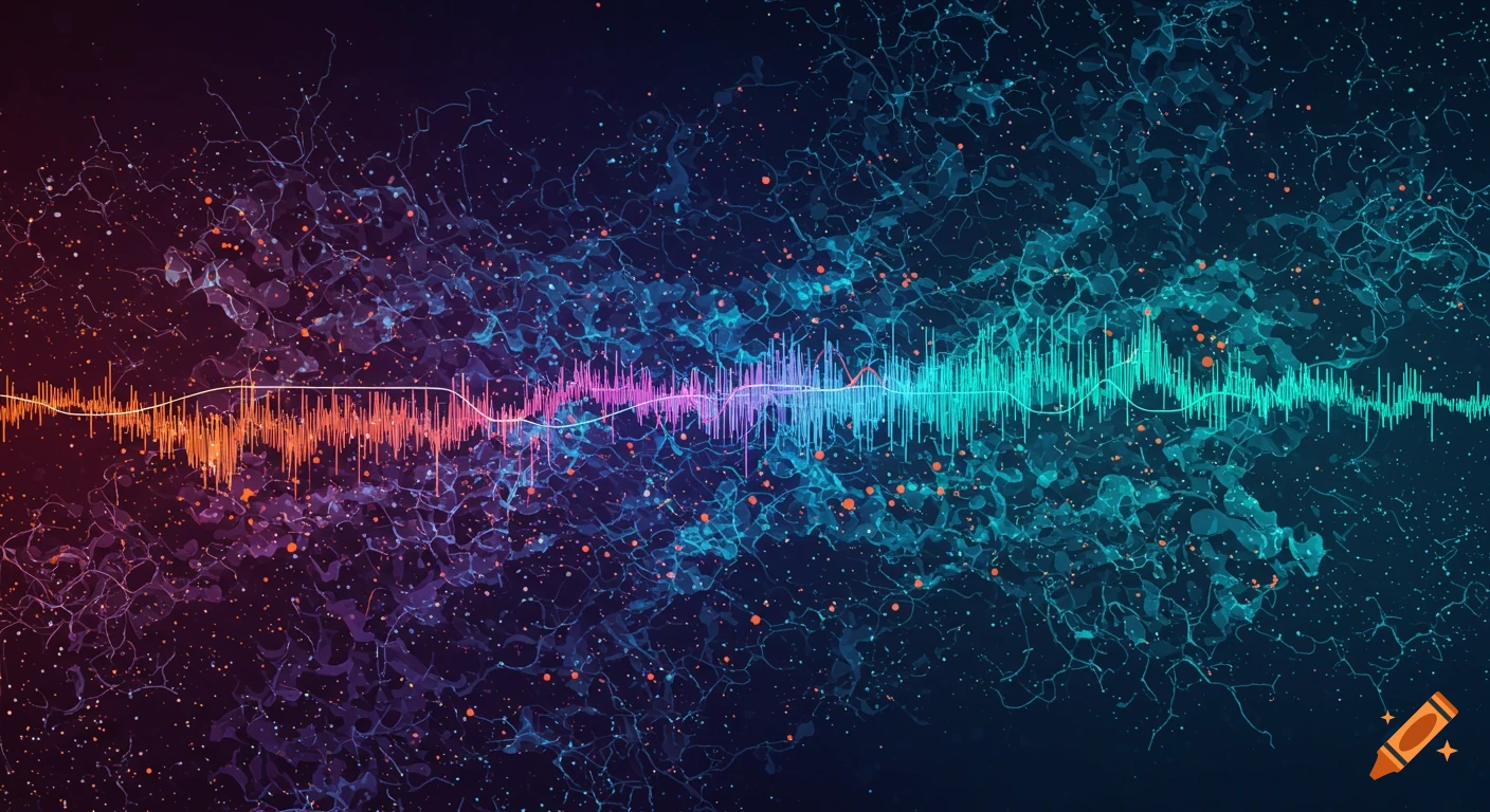 Abstract visualization of waves and particles, transitioning colors from orange to turquoise.