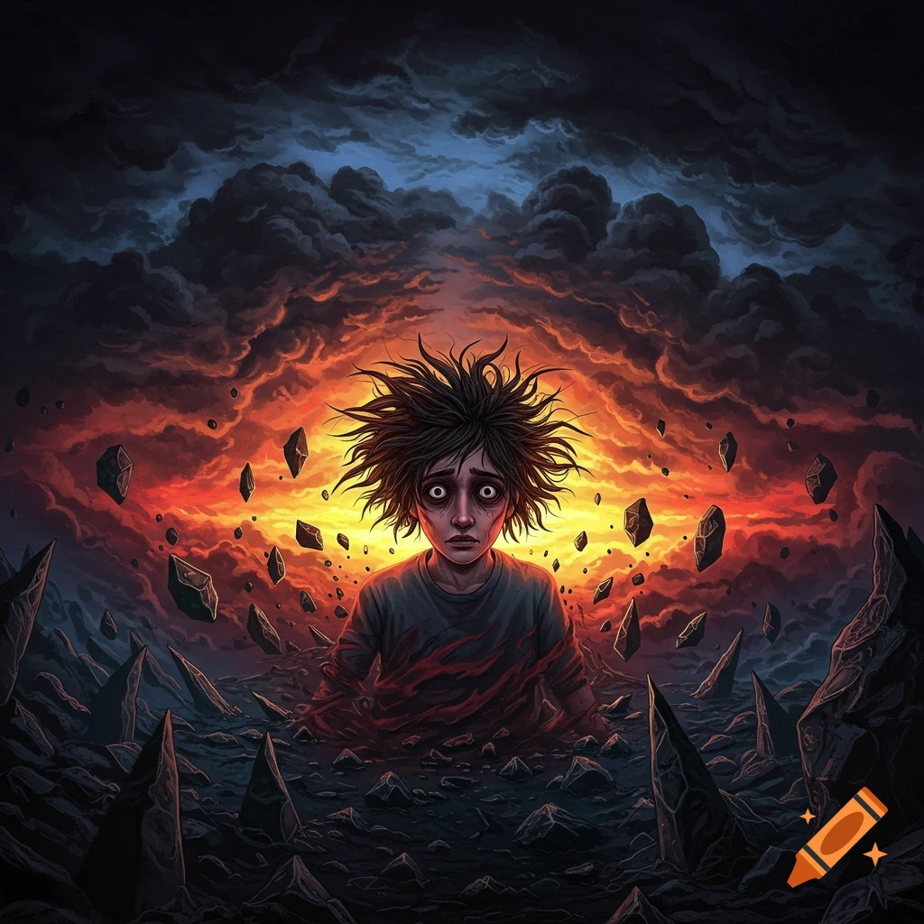A distressed figure with wide eyes and messy hair emerges from dark, jagged ground under a fiery, stormy sky with floating rocks.