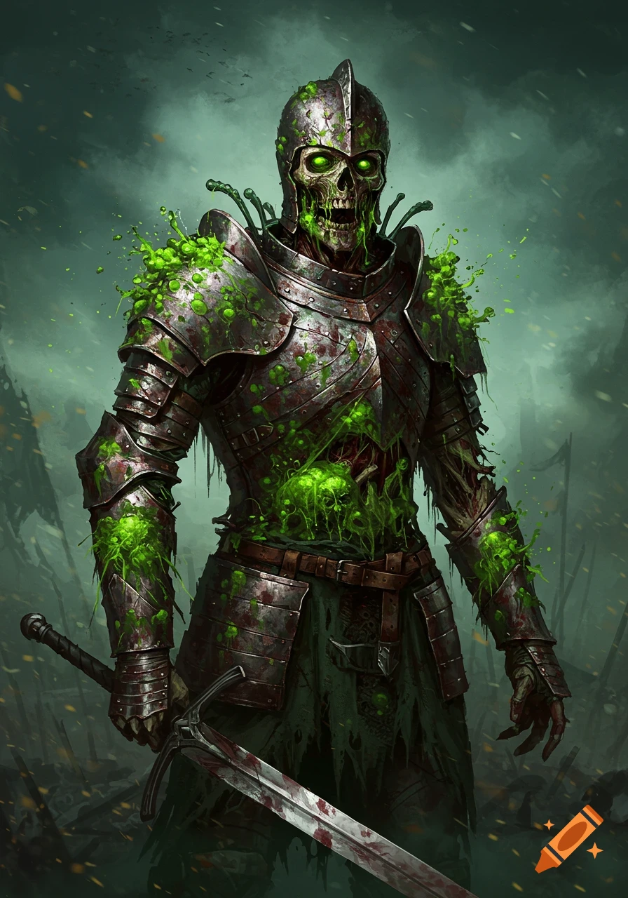 A heavily armored zombie knight covered in glowing green mold stands holding a bloodied sword in a smoky battlefield.