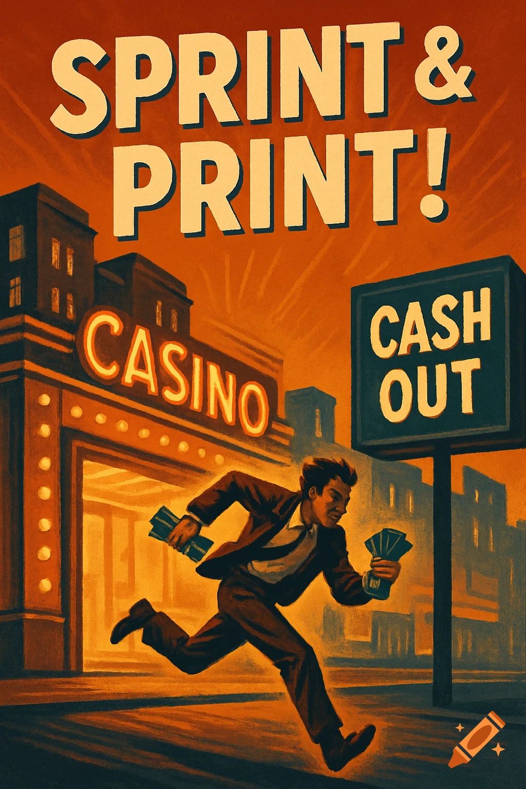Vintage illustration of a man running from a casino with money, signs say 'SPRINT & PRINT!' and 'CASH OUT'.