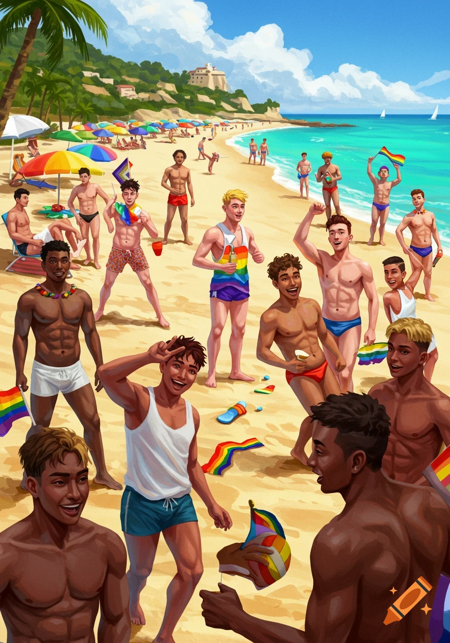 Illustration of many men on a beach with pride flags.
