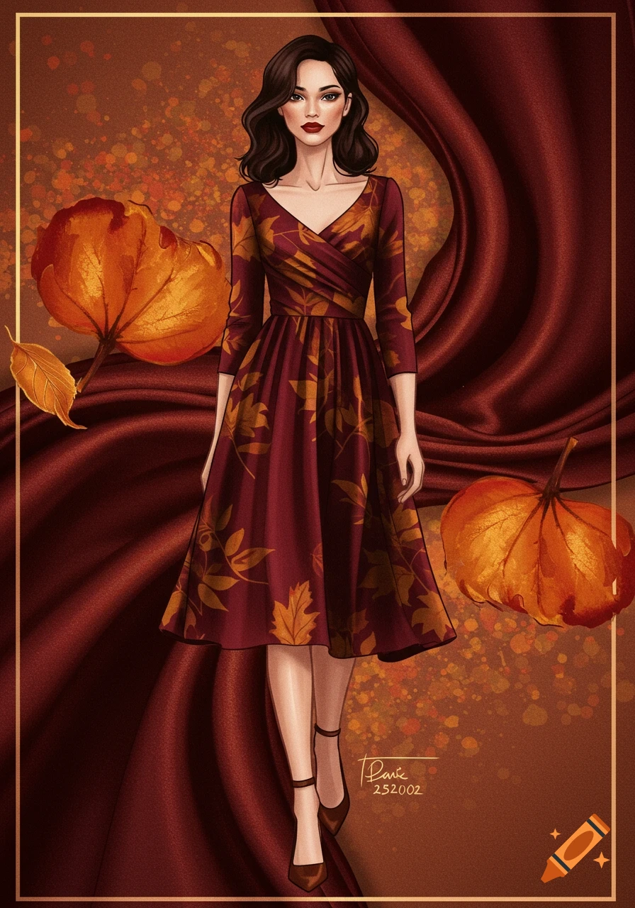 Illustration of a woman wearing a fall dress with leaf patterns.