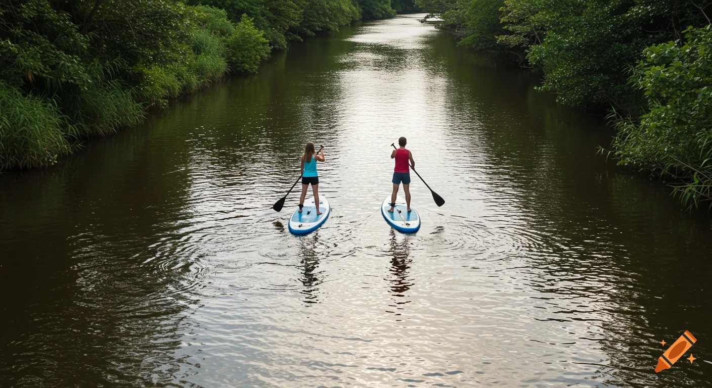 Two people paddleboarding on a river viewed from a high angle