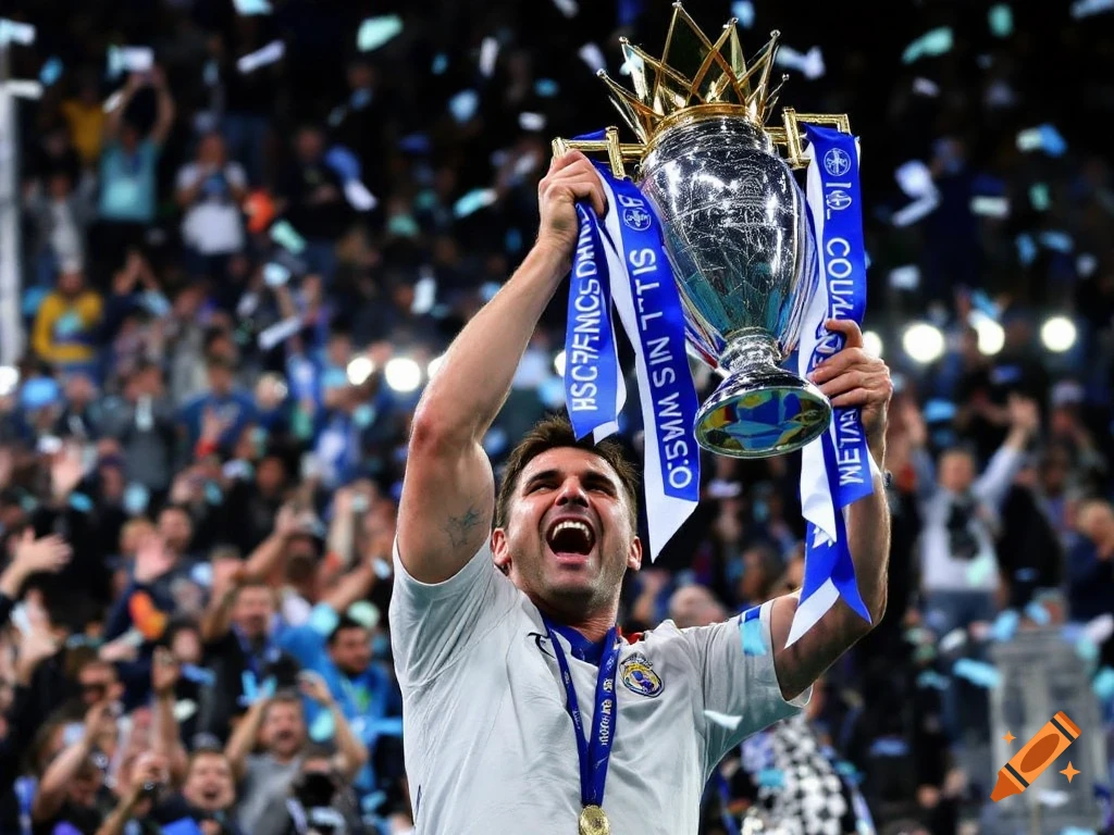 Man holds large silver trophy aloft in front of cheering crowd and falling confetti.