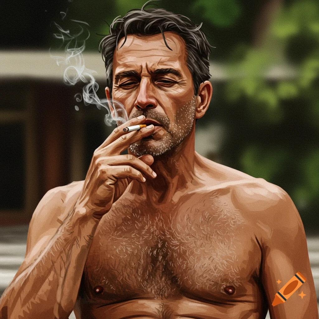 Stylized portrait of a shirtless man smoking a cigarette.