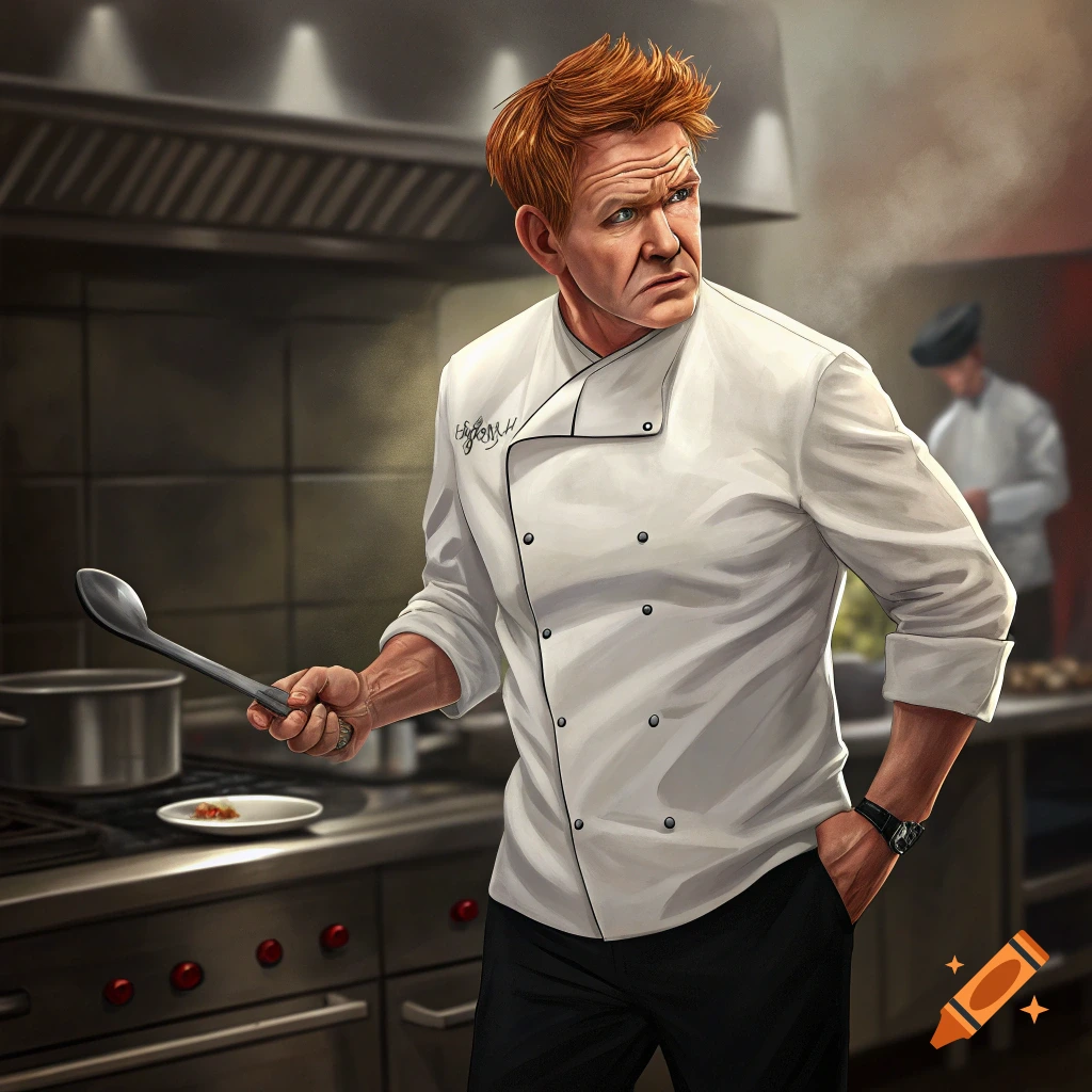 Illustration of chef Gordon Ramsay holding a spoon in a kitchen