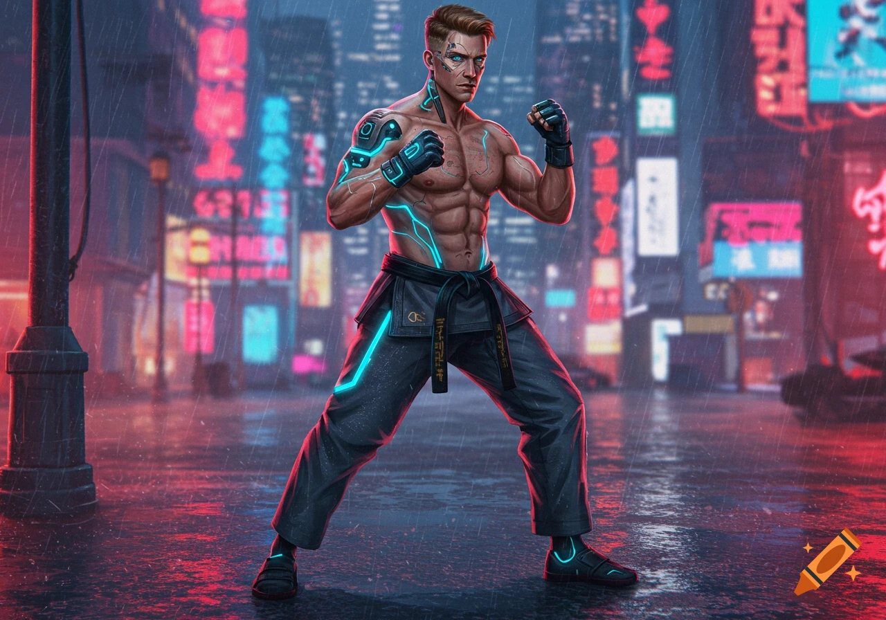 Buff Caucasian martial artist with cyberpunk enhancements poses in a rainy city street at night