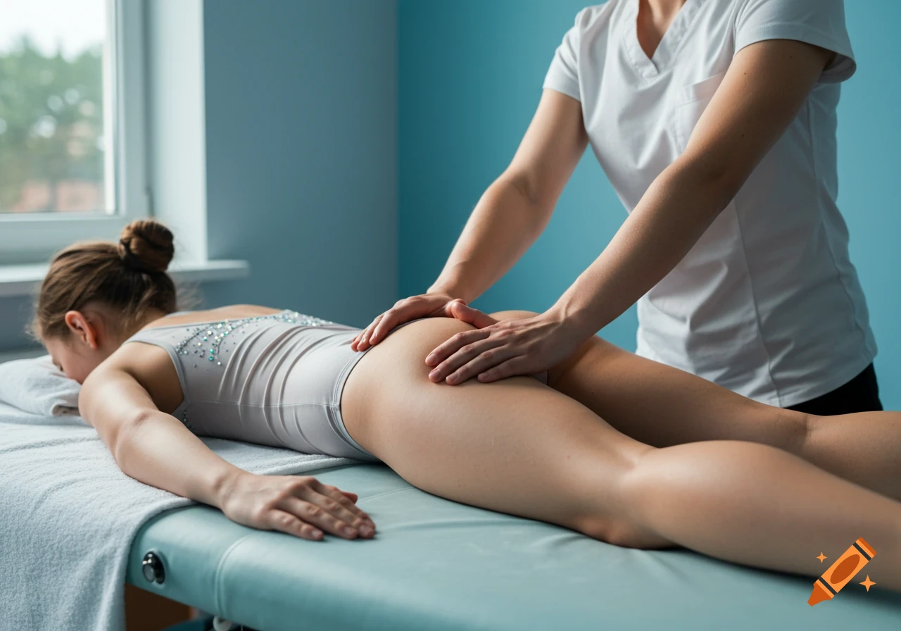 Massage therapist working on a gymnast's legs and glutes on a table, photorealistic.