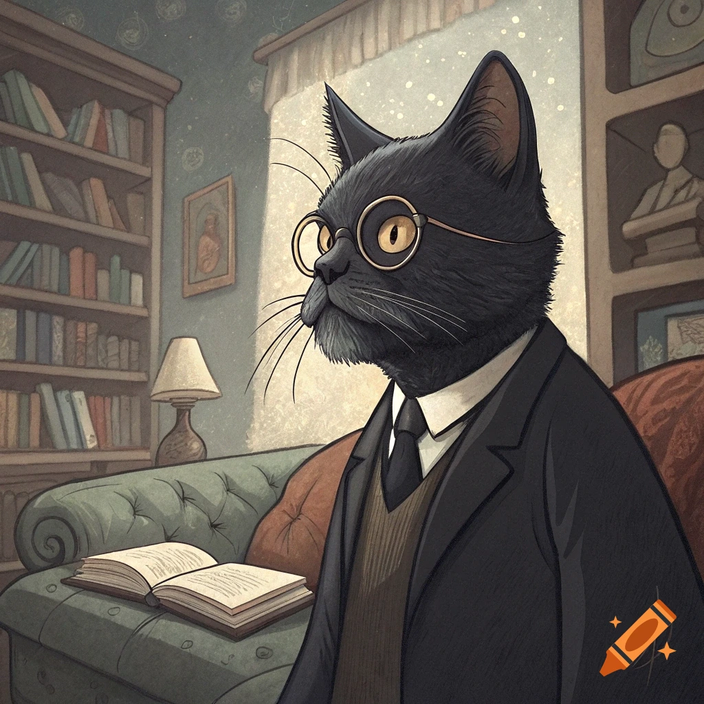 A black cat in a suit and glasses sits on a couch in a library, next to an open book.