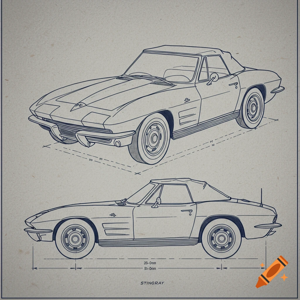 Blueprint-style outline drawing of a 1965 Corvette Stingray convertible, showing top perspective and side views with measurements and "STINGRAY" label.