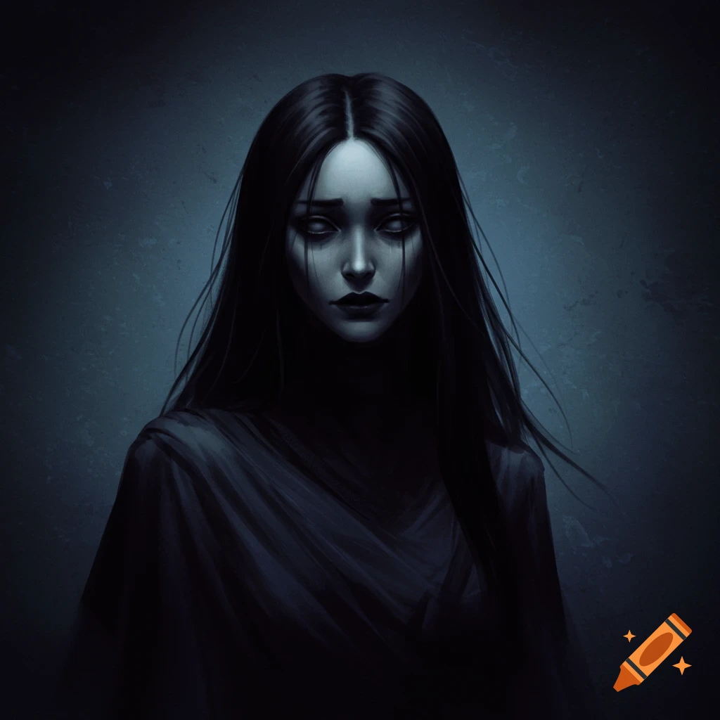 A dark portrait of a woman with long black hair and white eyes and dark ...