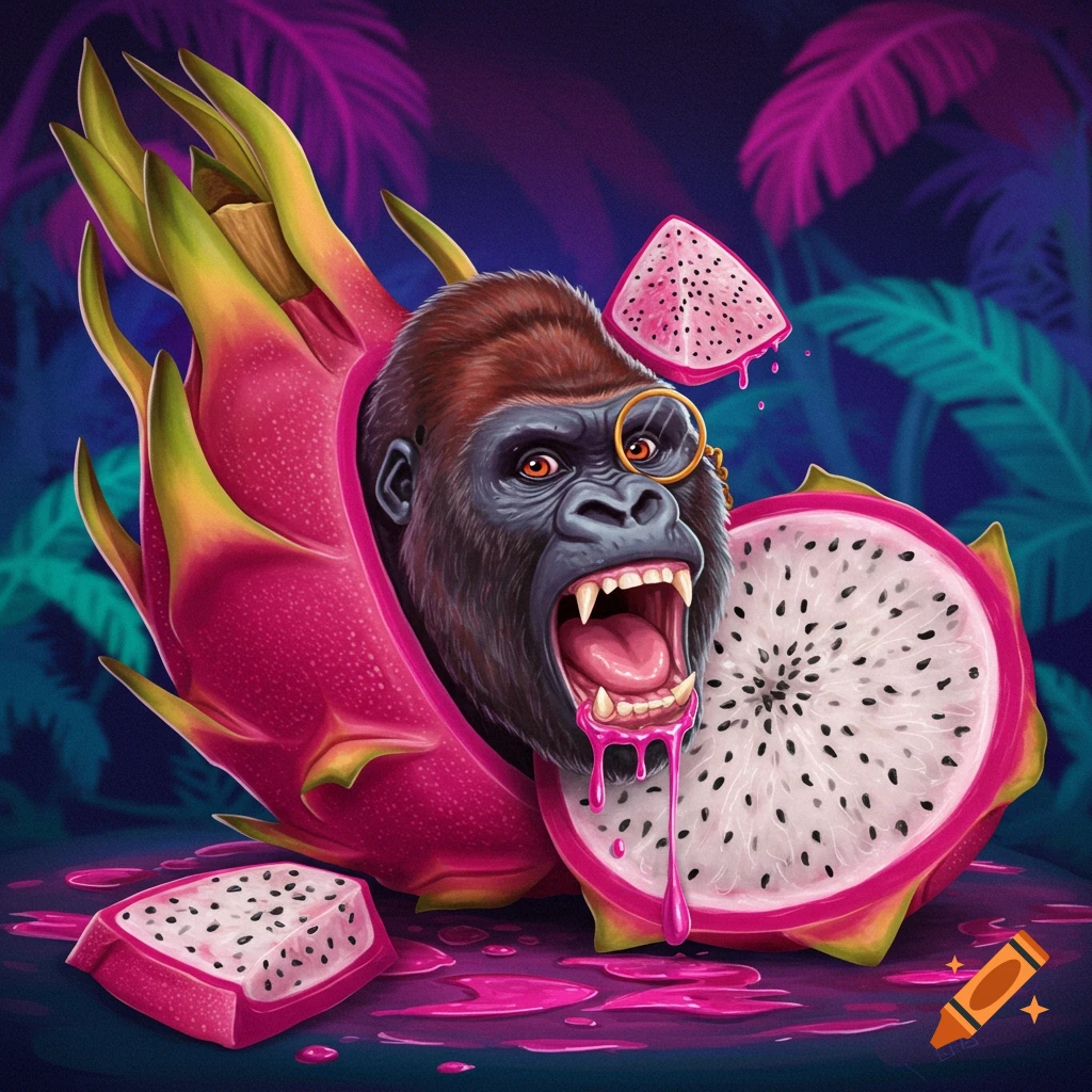 Surreal illustration of a gorilla head emerging from a dragonfruit with a monocle.