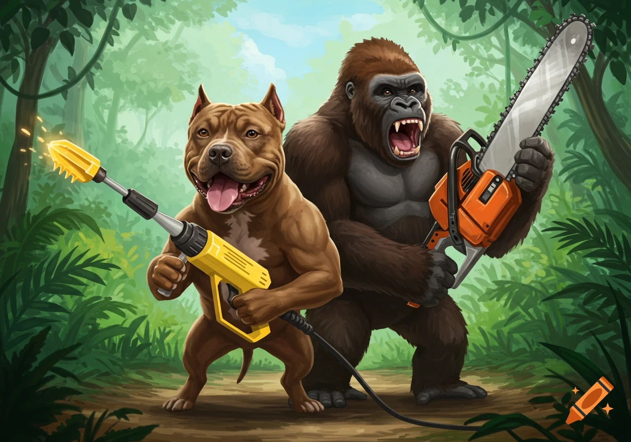 Cartoon pitbull with a yellow pressure washer and a gorilla with a chainsaw in a jungle.