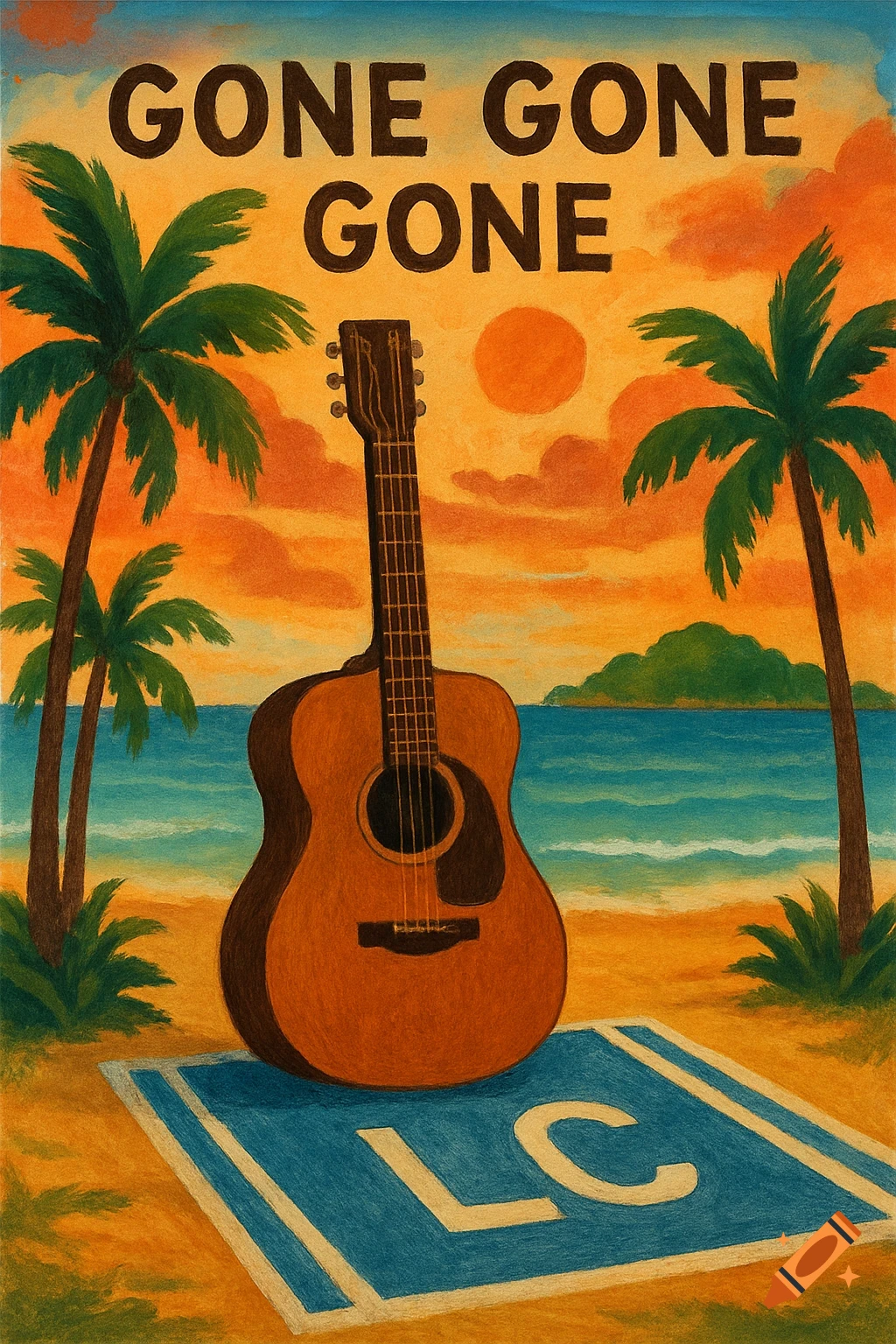 Painting of an acoustic guitar on a blue towel on a sandy beach at sunset with palm trees. Text says "GONE GONE GONE".