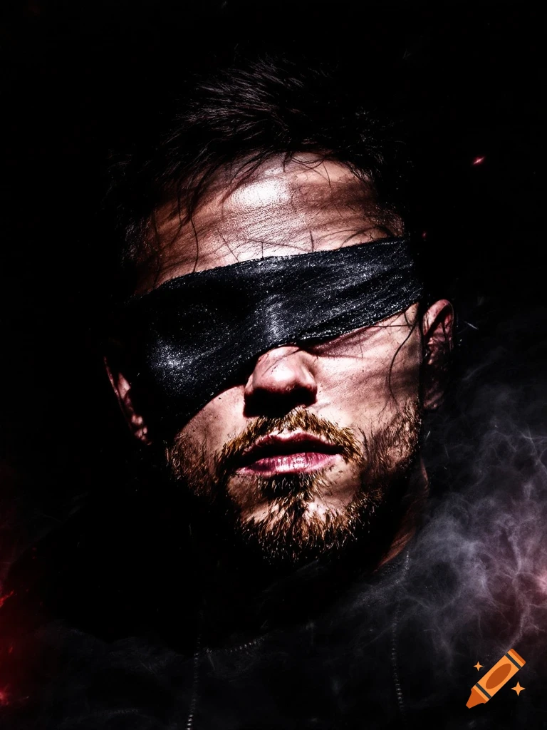 Close-up portrait of a man wearing a black blindfold in dramatic, dark lighting with smoky effects.