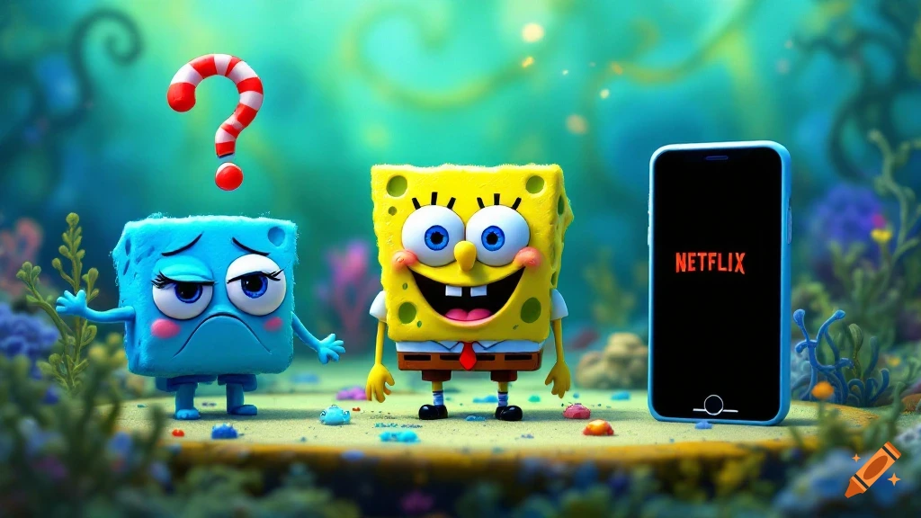 SpongeBob and sad blue character look at iPhone with Netflix in underwater scene
