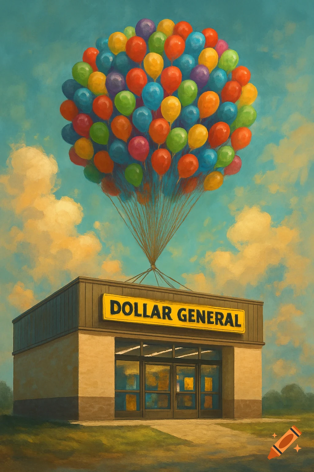 A Dollar General store is lifted into the sky by colorful balloons in a painted style.