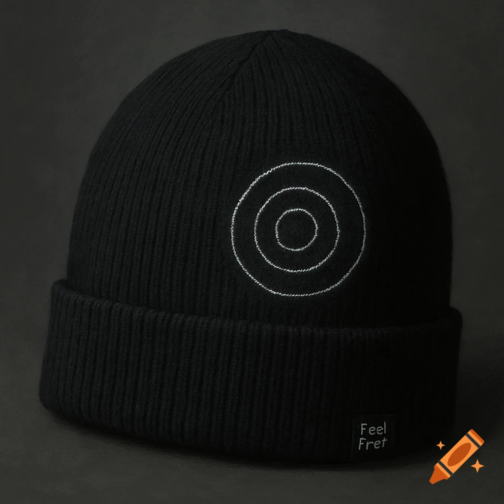 A close-up photo of a black beanie with a white embroidered concentric circle design.