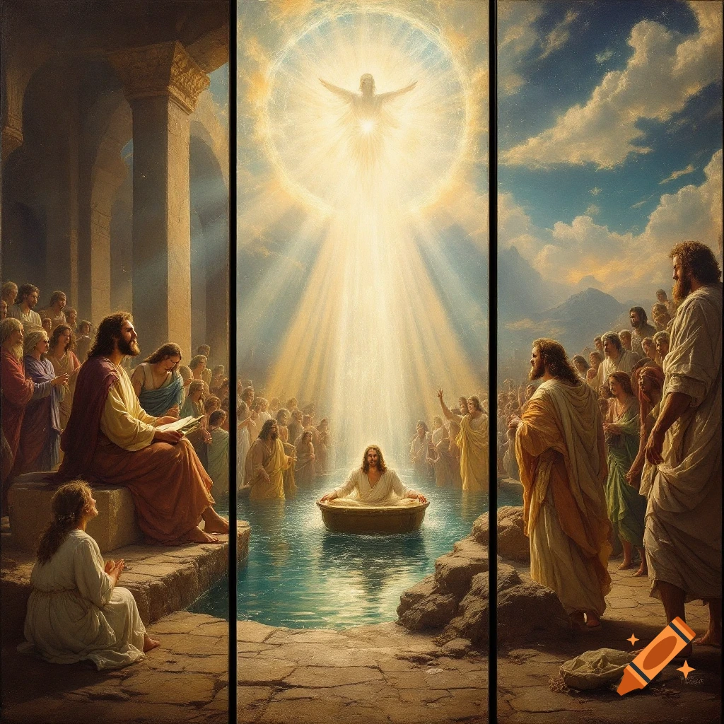 Classic biblical painting triptych showing Jesus preaching, baptism, and ministering.