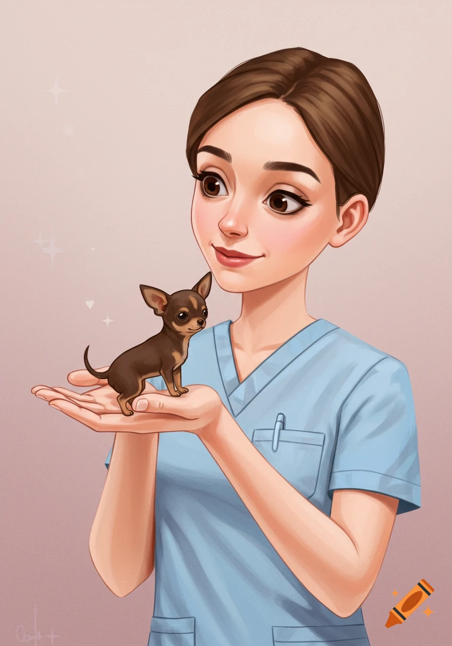 Illustration of a veterinary nurse holding a tiny chihuahua in her hands.