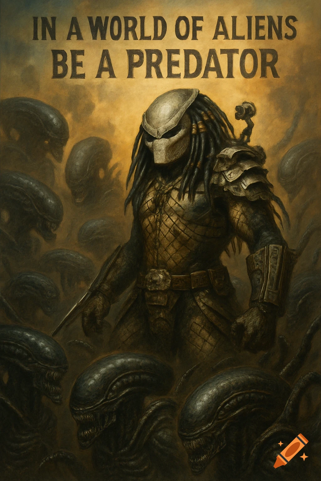 A Predator stands among Aliens with the text 'In a world of aliens be a predator' above them.