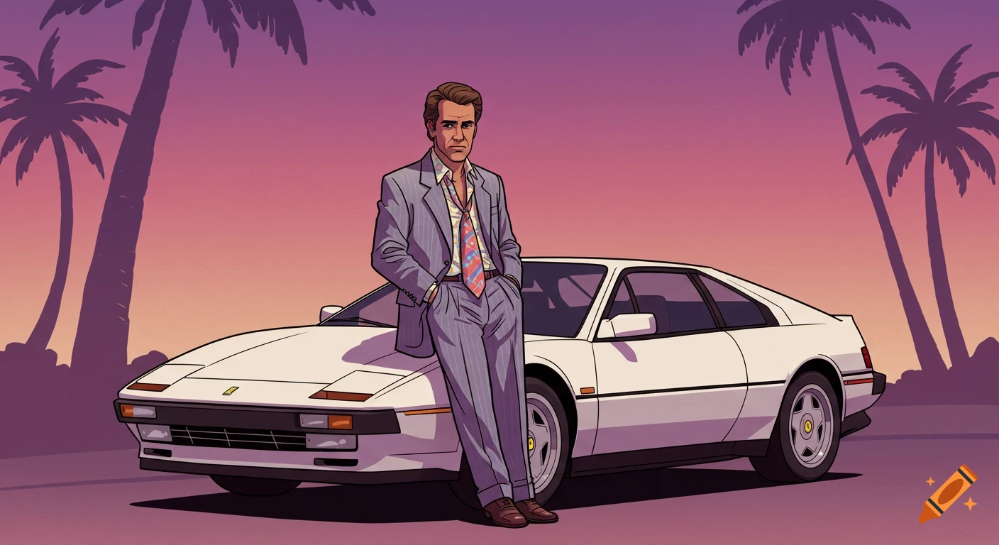 Cartoon man in an 80s suit leans on a white sports car with palm trees against a sunset background