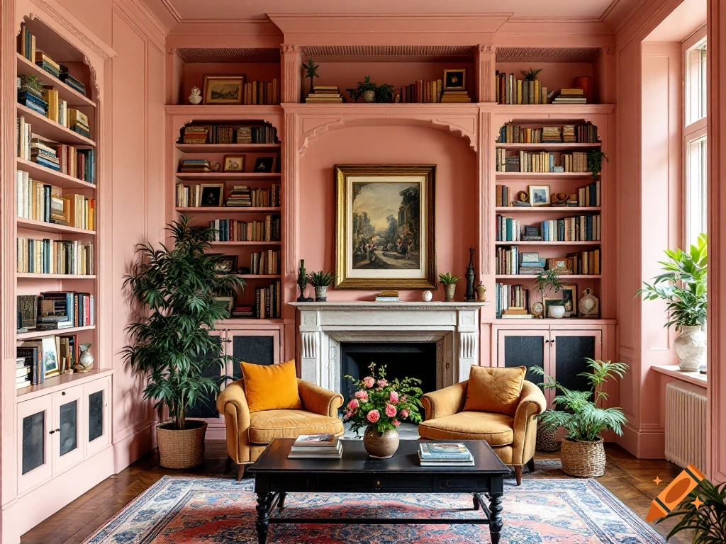 A luxurious pink library room filled with bookshelves, two armchairs, plants, and a fireplace.