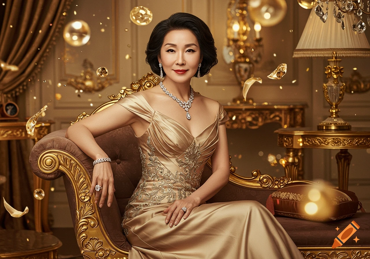 Woman in gold dress and jewelry on ornate sofa in luxurious room.