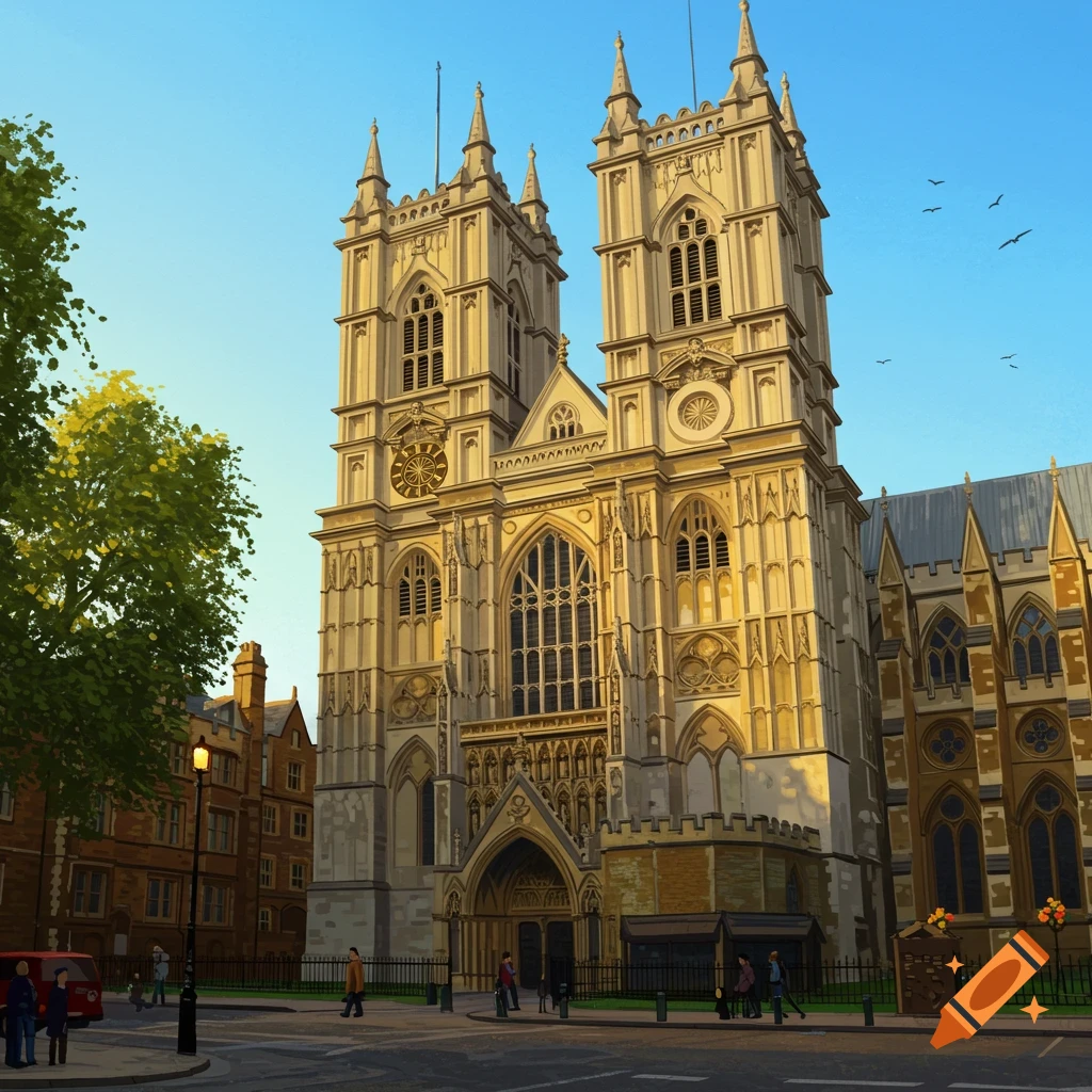 Detailed illustration of Westminster Abbey from the street with people and trees on a sunny day