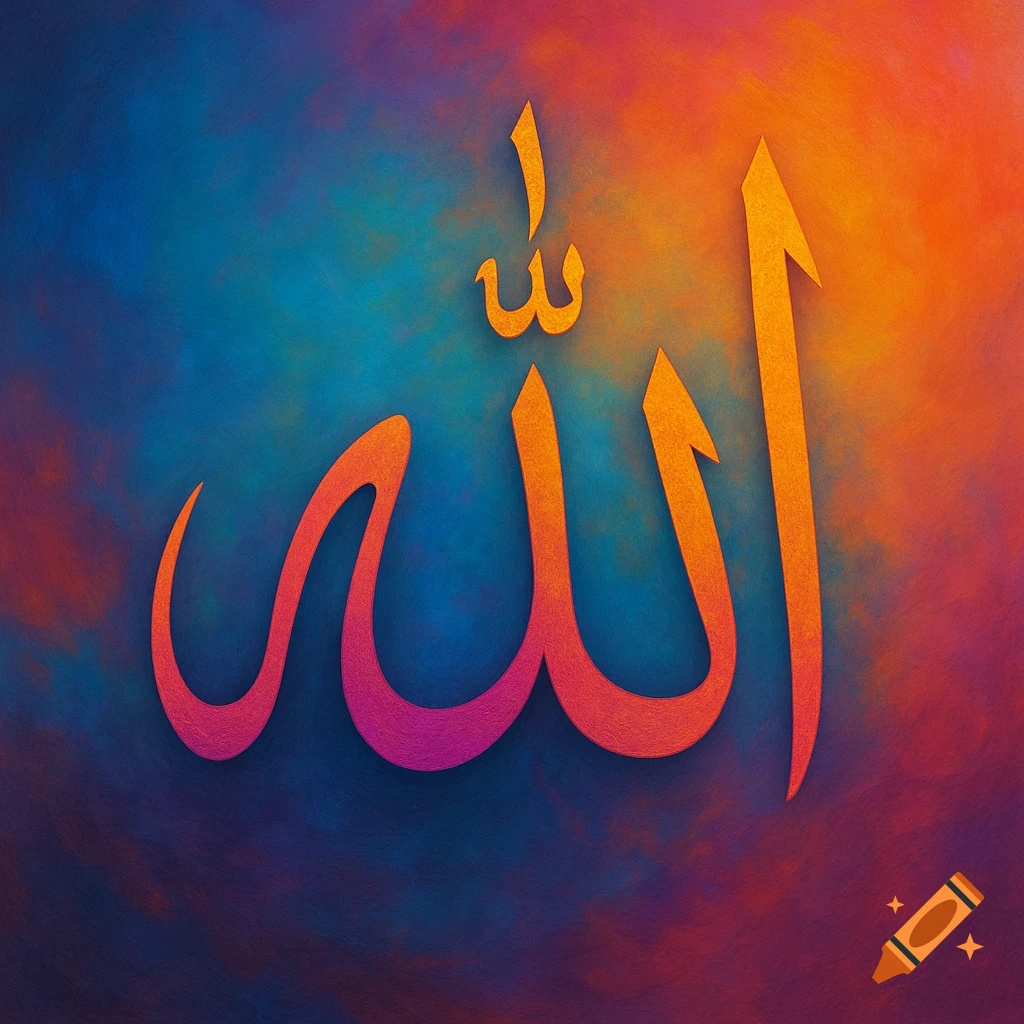 Arabic calligraphy of Allah on a vibrant, colorful gradient background