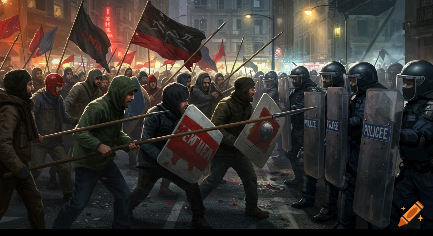Hyperrealistic depiction of protesters with spears and shields facing riot police in an urban street.