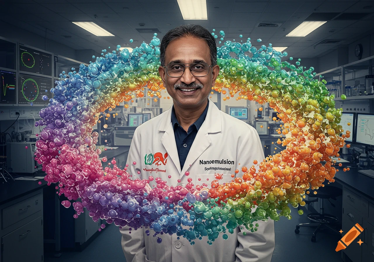A professor in a lab coat with a rainbow circle of bubbles around him.