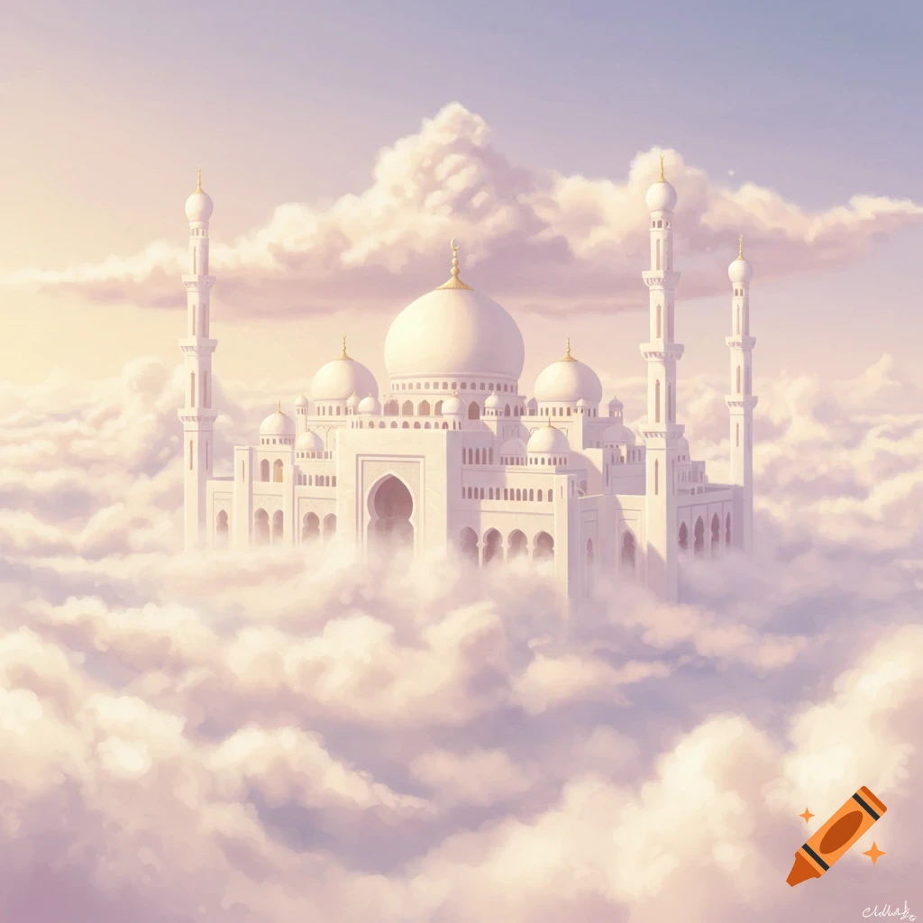 Painting of a white mosque-like palace floating among pink and white clouds in a pastel sky.