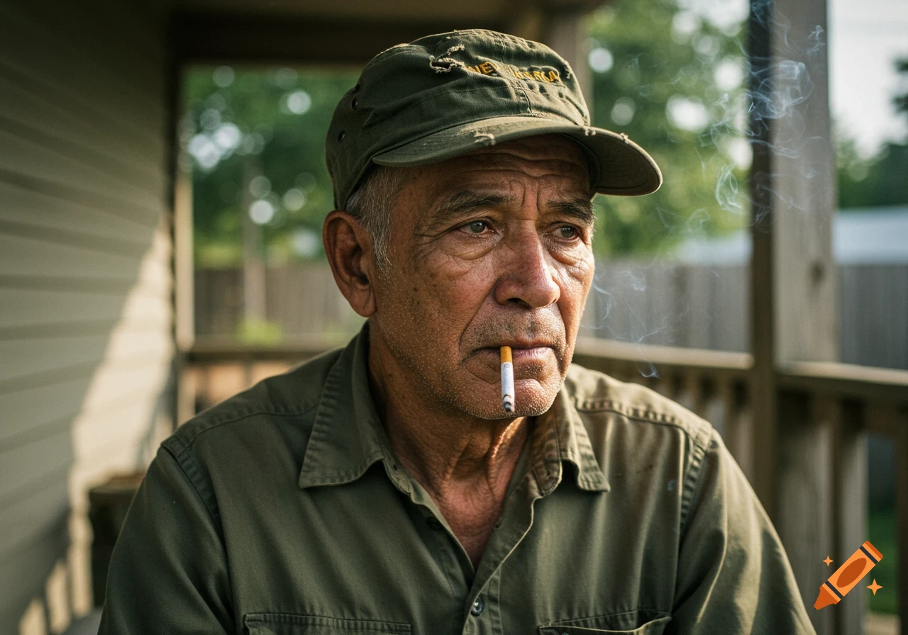 Photorealistic portrait of an old man with a cigarette, wearing a military cap.
