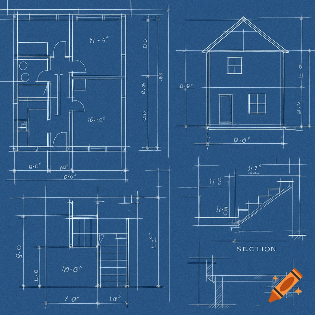 Hand-drawn architectural blueprints including floor plans, elevation, and section views on a blue background.