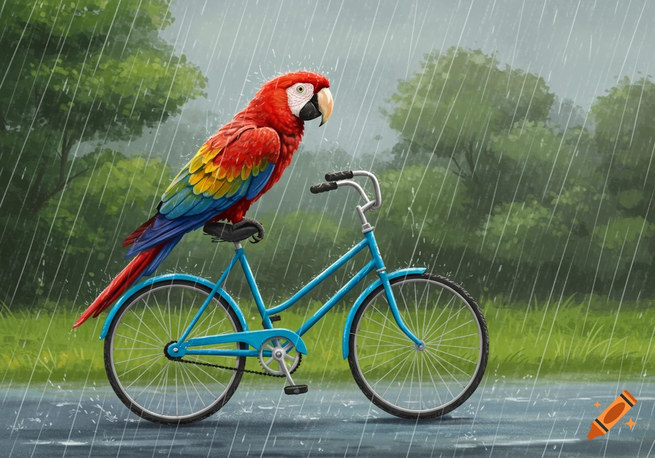 A colorful macaw parrot sits atop a blue bicycle in the rain.