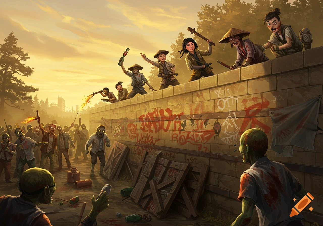 Stylized illustration of children defending a wall against a zombie horde at sunset.